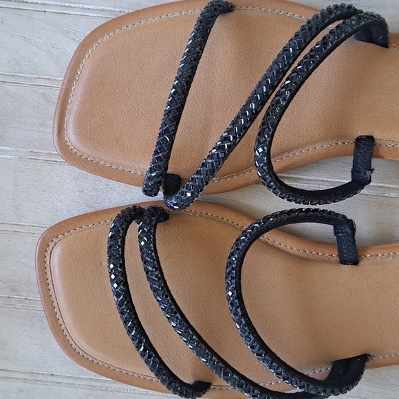 Yellow Box Darian Black Rhinestone Embellished Square Toe Flat Sandals - Picture 2 of 9